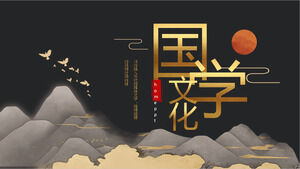 Download the PowerPoint template of Chinese traditional culture with the background of ink mountains and birds