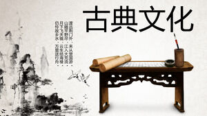 Traditional cultural theme PPT template with ink landscape and classical desk background