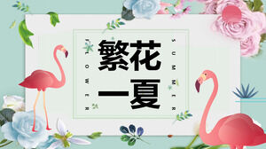 Yeşil ve taze çiçekler ve flamingolar arka plan ile "Çiçek Açan Yaz" PPT şablonu