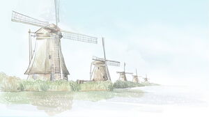 Background image of small fresh watercolor windmill building PPT