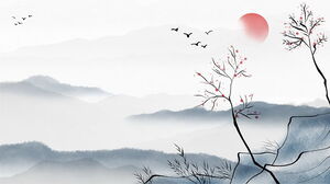 Quatro montanhas de tinta e lavagem, galhos de árvores, pássaros voando, sol vermelho, imagens de fundo PPT de estilo chinês