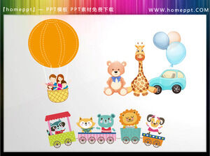 Trzy cute cartoon zwierzęta balon na ogrzane powietrze materiały PPT na Międzynarodowy Dzień Dziecka