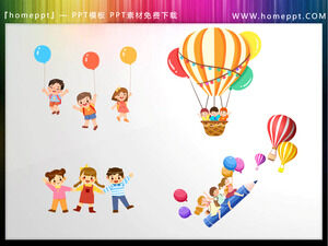 4人のかわいい漫画の子供たちと熱気球のPPT素材をダウンロード