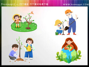 Quatre images de matériel PPT pour enfants de plantation d'arbres de dessins animés