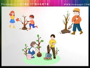 Trzy kreskówki student sadzenia drzew PPT obrazów materiału