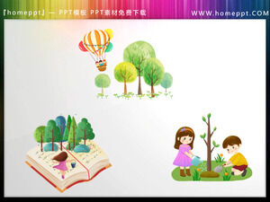 兒童植樹三幅卡通水彩PPT素材下載
