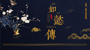 Sfondo di fiori e uccelli in oro blu Modello PPT a tema Ruyi Chuan