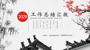 Rapport de synthèse sur le travail de style chinois à l'arrière-plan du modèle PPT de l'architecture ancienne de la fleur de prunier à l'encre et du bambou