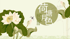 Download the PPT template for the background of meticulous lotus flowers and leaves