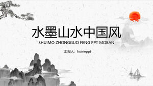 Șablon PPT tematic în stil chinezesc cu fundal peisaj cu cerneală și apă