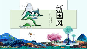 Laden Sie die neue PPT-Vorlage im chinesischen Stil mit farbenfrohen Berg- und Baumhintergründen herunter