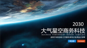 Descargue la plantilla PPT temática de tecnología empresarial con cielo estrellado azul y fondo de planeta