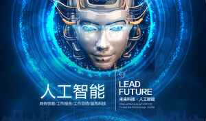 Faça o download do modelo de PPT com tema de inteligência artificial azul de fundo facial de robô