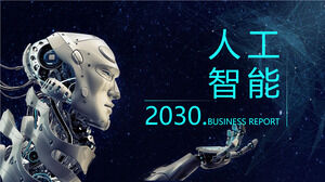 Modello PPT a tema di intelligenza artificiale per sfondo blu cielo stellato e robot