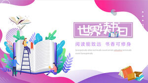 Laden Sie die PPT-Vorlage für den Welttag des Buches mit einem lila Vektorhintergrund und Charakterhintergründen herunter