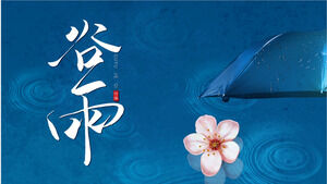 파란 우산과 분홍색 복숭아 꽃 배경으로 계곡 우기 PPT 템플릿