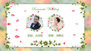 Laden Sie die PPT-Vorlage für ein romantisches Hochzeitsalbum mit bunten Blütenblättern und Weinpflanzen-Hintergründen herunter