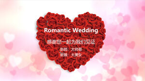 溫馨的婚禮相冊PPT模板，以玫瑰做成的心形背景