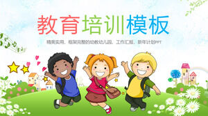 Modelo PPT de educação e treinamento para três crianças de desenho animado com fundos