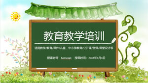 緑と新鮮な水彩植物と黒板の背景教育トレーニングPPTテンプレートのダウンロード