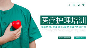 Template PPT untuk pelatihan perawatan medis bagi petugas kesehatan dengan latar belakang hati merah