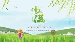 Modello PPT per il termine solare Xiaoman con uno sfondo verde e fresco di uno spaventapasseri in un campo di grano