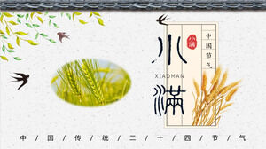 Laden Sie die PPT-Vorlage herunter, um den Xiaoman-Sonnenbegriff vor dem Hintergrund von Weizenähren und Schwalben einzuführen
