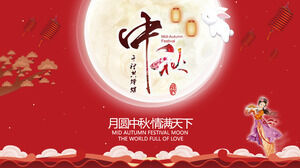Download the Mid Autumn Festival PPT template with a red background, golden moon, and Chang'e background
