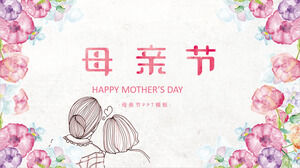 Um modelo de PPT com tema do Dia das Mães com flores em aquarela e fundos de mãe e filha