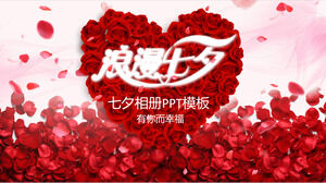 Romantic Qixi PPT template with red roses and rose petals background