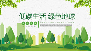Laden Sie die PPT-Vorlage für das Thema des kohlenstoffarmen Lebensstils mit grünen Bäumen und städtischem Silhouettenhintergrund herunter