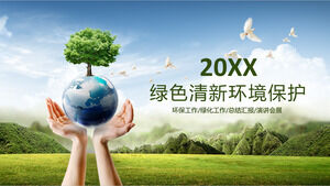 Unduh template PPT tema perlindungan lingkungan dengan latar belakang Bumi hijau dengan tangan
