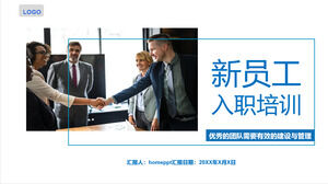 Download the PPT template for new employee onboarding training with a handshake background from business professionals