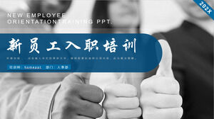 Download the blue new employee onboarding training PPT template with black and white workplace character backgrounds
