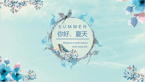 Halo dengan latar belakang cat air biru dari bunga dan burung. Unduh template PPT musim panas