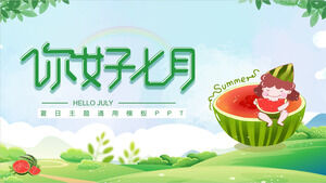 Hello July with a minimalist watercolor watermelon background. Download the PPT template