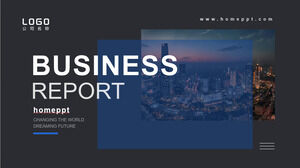 城市夜景背景的简化蓝黑配色商业报告PPT模板下载