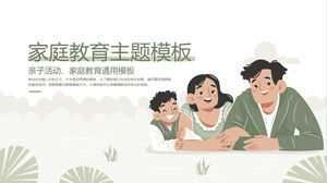 Laden Sie eine PPT-Vorlage für ein Familienbildungsthema mit einem grünen Cartoon-Hintergrund mit drei Personen herunter