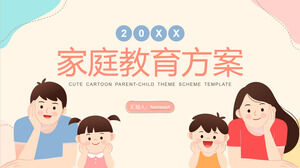 Laden Sie die PPT-Vorlage für einen Familienbildungsplan mit einem Cartoon-Hintergrund von vier Personen herunter