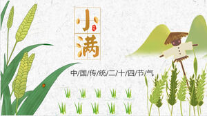 Modello PPT per introdurre il termine solare Xiaoman sullo sfondo di risaie verdi, spighe di grano e spaventapasseri