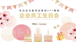 Téléchargez le modèle PPT pour la fête d'anniversaire des employés de l'entreprise avec fond de gâteau de fleur aquarelle rose