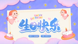 Simpatico cartone animato angelo e torta di compleanno sfondo Modello PPT di buon compleanno