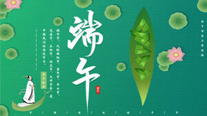 Hoja de loto verde y fresca y Lotus Zongzi Qu Yuan Fondo Plantilla PPT del Festival del Bote del Dragón