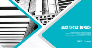 Templat PPT laporan bisnis biru untuk latar belakang bangunan tinggi hitam dan putih