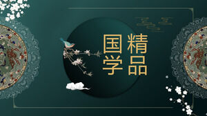 Descargue la plantilla PPT para el estilo chino clásico y el tema de aprendizaje con un fondo verde de flores y pájaros