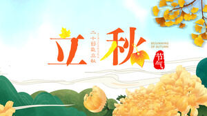 PPT-Vorlage für den Beginn der Herbstsaison mit grünen Bergen, goldenen Ginkgoblättern und Chrysanthemen-Hintergrund