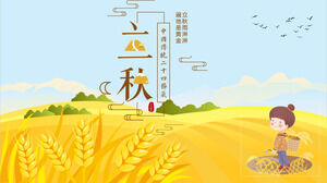Laden Sie die PPT-Vorlage für den Beginn der Herbstsaison mit einem goldenen Reisfeld-Hintergrund herunter