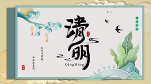 Modello PPT per l'incontro di classe a tema Qingming Festival con uno sfondo di piante verdi e rondini a Shibanqiao