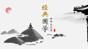 Șablon PPT pentru tema culturii tradiționale chineze cu fundal pietonal de meditație șezând în arhitectura antică a munților