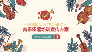 Template PPT untuk pelatihan instrumen musik dan rencana promosi dengan latar belakang instrumen kartun